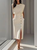 Women's Summer Split Dress With Buttons Casual Sleeveless Midi Dress Clothing