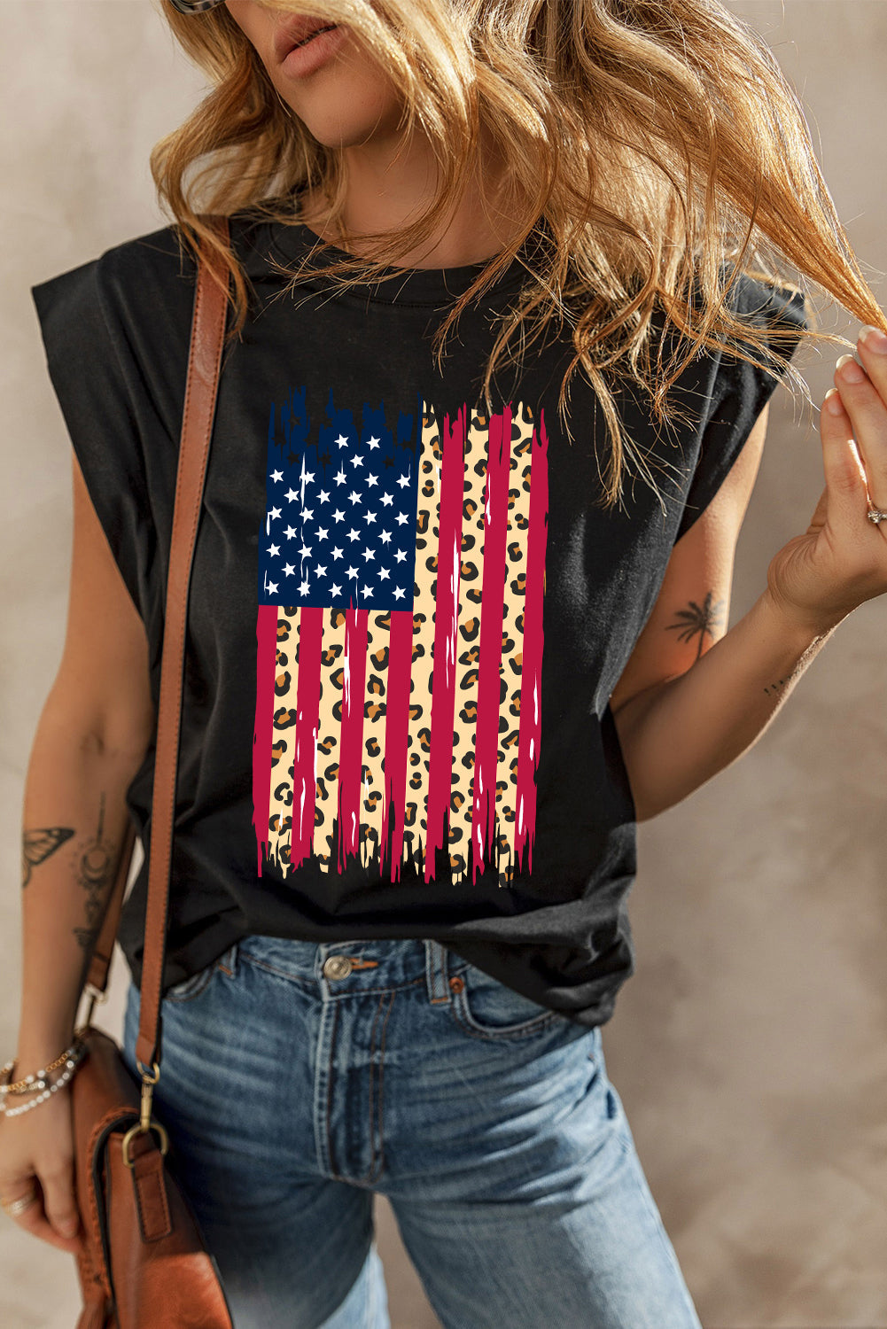 Black Leopard USA Flag Heat Transfer Printing Sleeveless Cotton Top