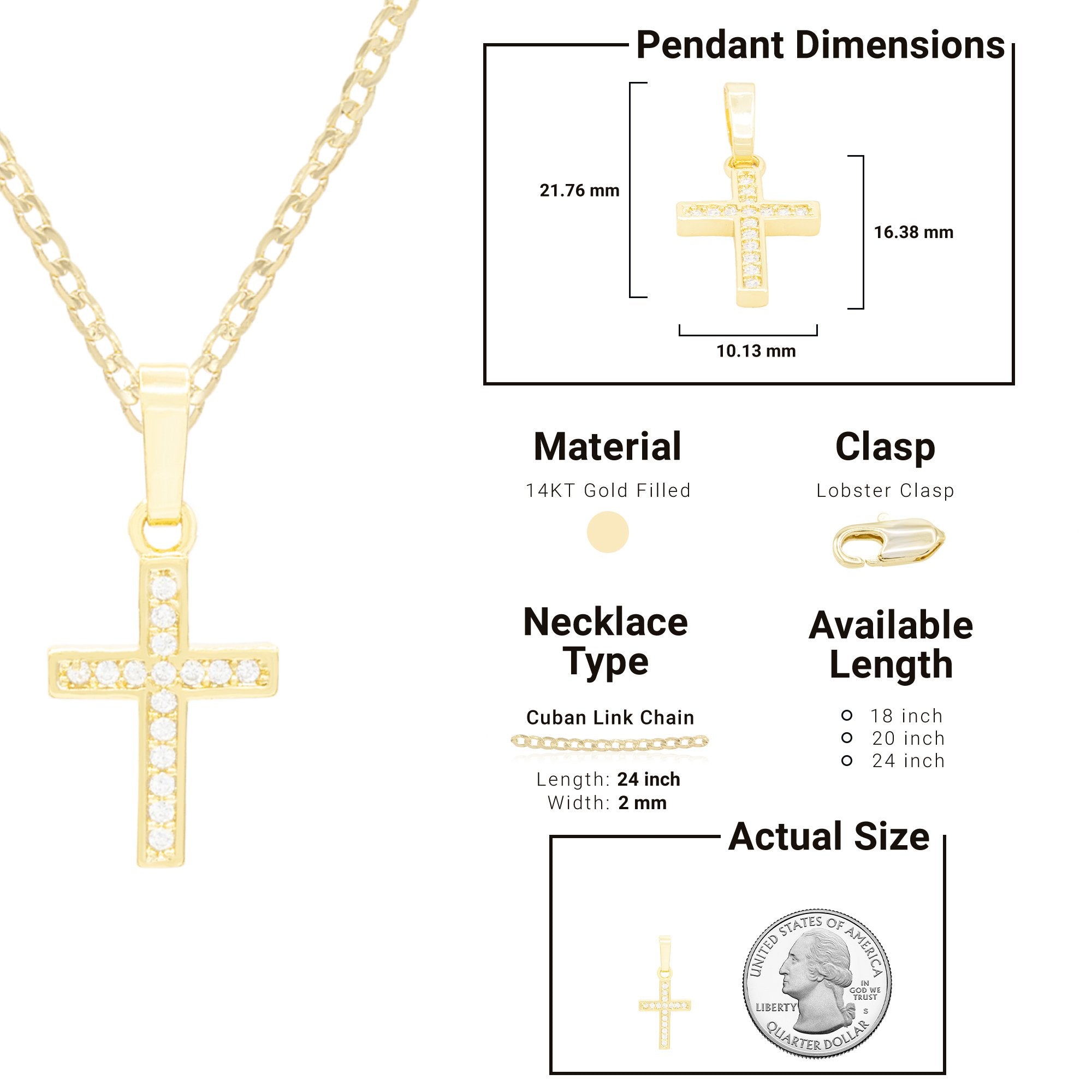 Cross Cubic Zirconia Pendant With Necklace Set 14K Gold Filled