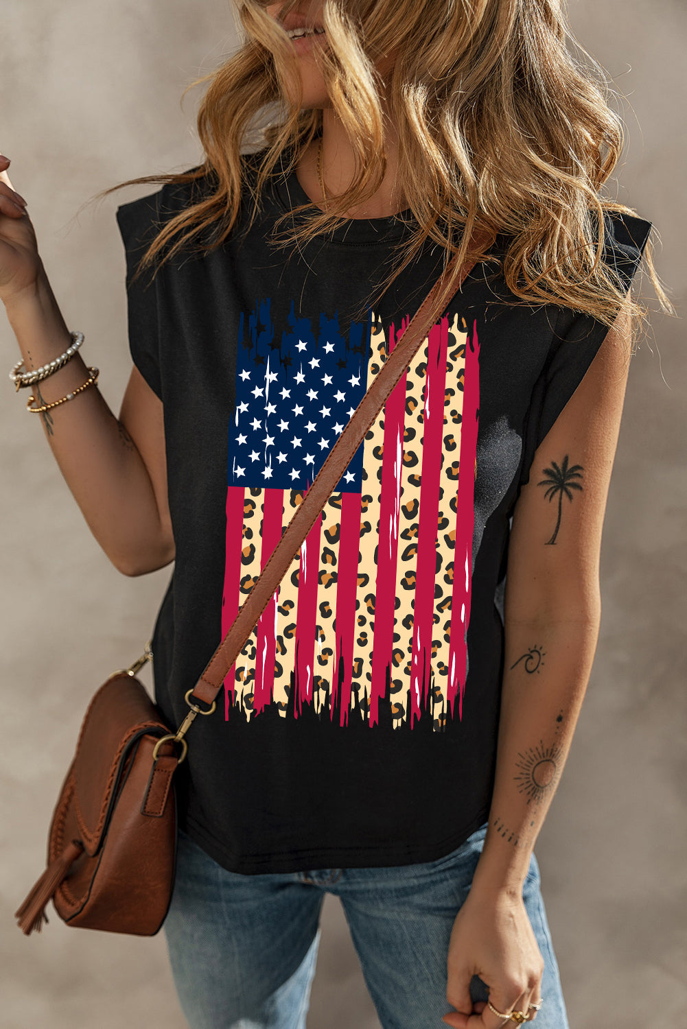 Black Leopard USA Flag Heat Transfer Printing Sleeveless Cotton Top