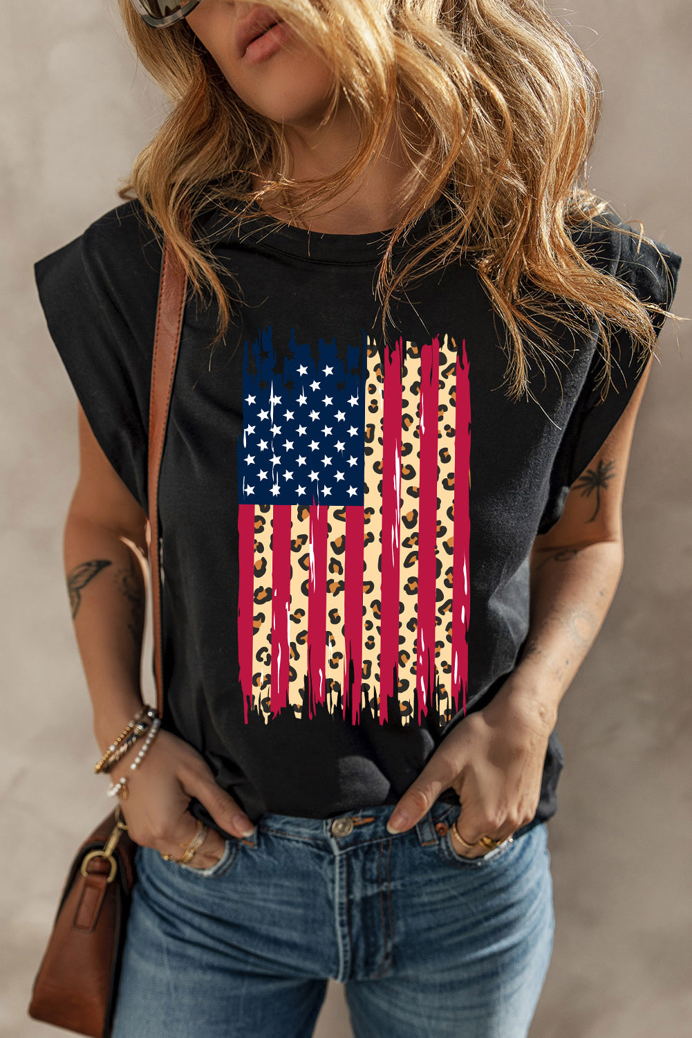 Black Leopard USA Flag Heat Transfer Printing Sleeveless Cotton Top